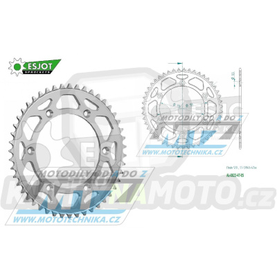 Rozeta řetězová (převodník) Dural 0822-47zubů ESJOT 51-32043-47 - barva stříbrná - Husqvarna CR+WR+TC+TE+WRE+TXC+SM+SMR + Suzuki DR350+DRZ400 + Cagiva WMX + Gas-Gas EC+ECF+XC+Ranger + Beta RR + Sherco SE+SEF + Rieju MR+XC+Ranger