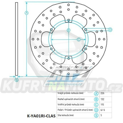 Kotouč brzdový (220/115/6D) - Yamaha DT125R / 88-03 + TT600 / 93-01+TT600R / 98-07 + TDR125+TT250R + YZ125+YZ250+YZ360+YZF400 + WR125+WR200R+WR2500+WRF400+WR500Z + TM MC125+EN125+GS125 + VOR Vertemati MX+EN