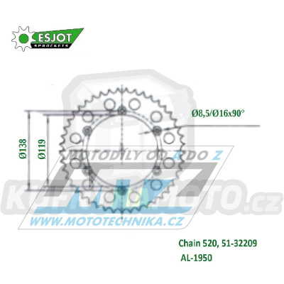 Rozeta řetězová (převodník) Dural 1950-48zubů ESJOT 51-32209-48 - Husaberg FC350+FE350+FC400+FE400+FE501+FC501+FC600+FE600 / 96-99 + MX350 / 95 + Enduro 350+MX499+MX501 / 92-95 + Enduro 501 / 90-95 + TE501 / 00 + Enduro 600 / 93-95 + MC600 / 94-98
