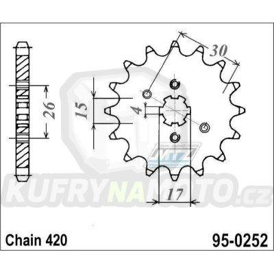 Kolečko řetězové (pastorek) 0252-15zubů MTZ - Honda Z50R + C50C Cub + C50GLX + CB50J + CB50V + MB50SA + MBX50S + MT50 + MTX50S + ATC70 + TRX70 + Z50R + Z50RD + C50E Super Cub + CRF80 + XR80R