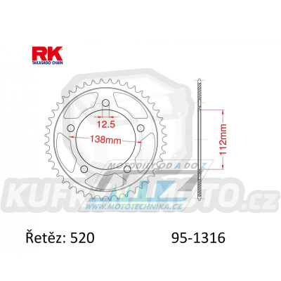 Rozeta ocelová (převodník) 1316-38zubů RK - Honda CB500F+CB500X+CBR500R + NC700S+NC700X+NC750S+NC750X + 750 Vultus+700 Integra+750 Adv+750 X-Adv+750 Forza + CT700+CTX700