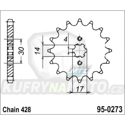 Kolečko řetězové (pastorek) 0273-14zubů MTZ - Daelim 110 City Ace + Daytona 50 Nova + Honda 125 Supra-X + Kawasaki KLX150+KLX125+KLX125D D-Tracker + Kymco 110 VisaR + pitbike Stomp + pitbike DemonX  + pitbike WPB + Thumpstar Pit Bikes + X-Sport Pi