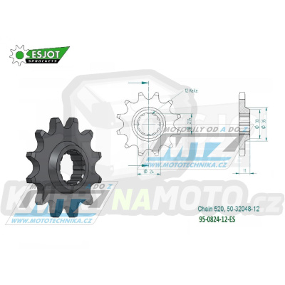 Kolečko řetězové (pastorek) 0824-12zubů ESJOT 50-32048-12 - Husqvarna TE250+TE310+TE410+TE450+TE510+TE570+TE610 + TE410E+TE610E + TC250+TC450+TC510+TC570+TC610 + SMR450+SMR510+SMR530+SMR570+SMR630 + SM610+SM630