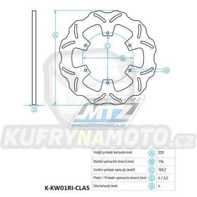 Kotouč brzdový (220/100/6D) - Kawasaki KX125 / 89-02+KX250 / 89-02+KX500 / 89-04 + KDX200 / 04-06+KDX220 / 03-05+KLX300R / 97-07+KLX650R / 93-03