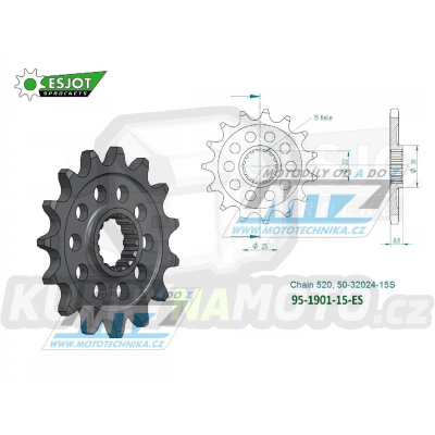 Kolečko řetězové (pastorek) 1901-15zubů ESJOT 50-32024-15S - KTM 125+150+200+250+300+360+380SX+EXC + 250+350+400+450+500+520+525+530SXF+EXCF + SMR+Freeride + Husaberg TE+FE + Husqvarna TC+TE+FC+FE + Gas-Gas MC+MCF+EC+ECF + Beta RR + Maico+Polaris