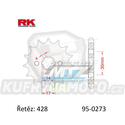 Kolečko řetězové (pastorek) 0273-14zubů RK - Daelim 110 City Ace + Daytona 50 Nova + Honda 125 Supra-X + Kawasaki KLX150+KLX125+KLX125D D-Tracker + Kymco 110 VisaR + pitbike Stomp + pitbike DemonX + pitbike WPB + Thumpstar Pit Bikes + X-Sport Pi