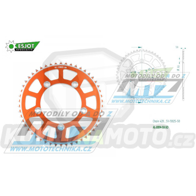 Rozeta řetězová (převodník) Dural 0894-50zubů ESJOT 51-13025-50SO - barva oranžová - KTM 65SX / 02-24 + 60SX / 97-01 + Husqvarna TC65 / 17-24 + Gas-Gas MC65