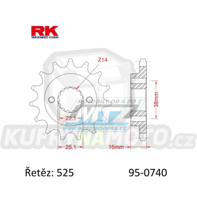 Kolečko řetězové (pastorek) 0740-15zubů RK - Ducati 795 Monster + 796 Hypermotard + 796 Monster + 916 Sport Touring + 944 Sport Turismo + 950 Multistrada + 996 Biposto + 996 Monster + 996 SPS + 996 Sport Touring