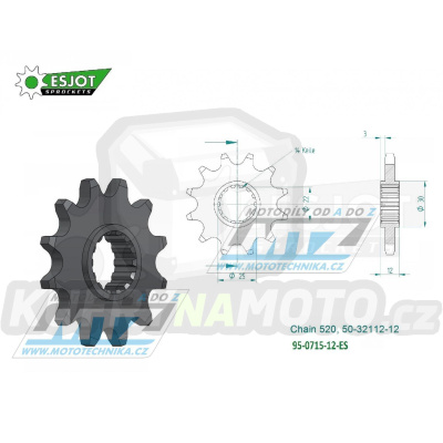 Kolečko řetězové (pastorek) 0715-12zubů ESJOT 50-32112-12 - Gas-Gas EC200+EC250+EC300 + ECF400+ECF450+EC515 + FSE400+FSE450+SM400+SM450+SM515