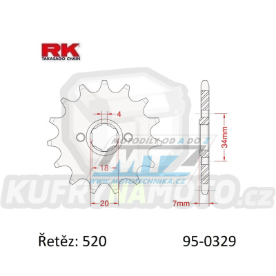 Kolečko řetězové (pastorek) 0329-14zubů RK - Honda TLM200R + TLR200D + TLM220R + CA125S Rebel + MBX125FE + MBX125 + MTX125R + NS125F + NS125R + NSR125F