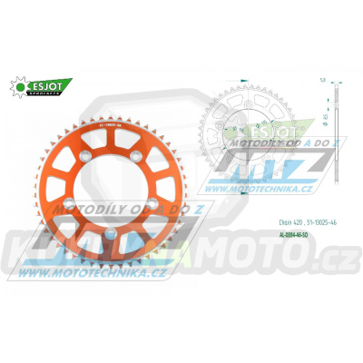 Rozeta řetězová (převodník) Dural 0894-46zubů ESJOT 51-13025-46SO - barva oranžová - KTM 65SX / 02-24 + 60SX / 97-01 + Husqvarna TC65 / 17-24 + Gas-Gas MC65