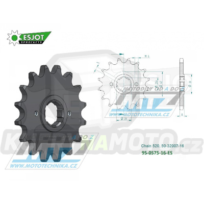 Kolečko řetězové (pastorek) 0575-16zubů ESJOT 50-32007-16 - Yamaha TT250 + TT350 + TT600 + TT600E + XT400 + XT550 + SRX600 + XT600 + FZ400R + Praga ED250