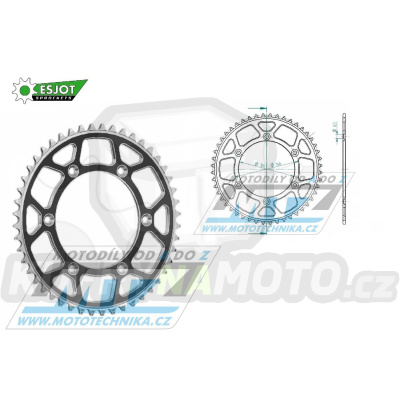 Rozeta řetězová (převodník) Dural 0808-52zubů ESJOT 51-32041-52SB - barva černá - Suzuki RM125 / 80-11+RM250 / 82-12+RMX250 / 89-00+RMZ250 / 07-20+RMZ450 / 05-20+RMX450Z / 10-19+DRZ250 / 01-07+DR350 / 96-99+DRZ400S / 00-20+DRZ400E / 00-07 + Kawa