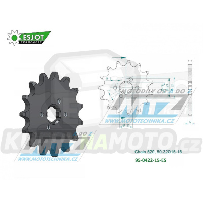 Kolečko řetězové (pastorek) 0422-15zubů ESJOT 50-32015-15 - Cagiva 125 Enduro + 125WMX + Kawasaki KX125 + KDX175 + Suzuki DS185 + TC125 + TSR125 + TF185 + TS185 + GT200EX + SB200 + Yamaha YZ100 + YZ125 + BW350 + IT175