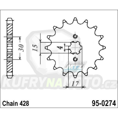 Kolečko řetězové (pastorek) 0274-15zubů MTZ - Honda CRF100F+MTX80R2 + XR100R+XL100S + H100+C100 + 110 Astrea Grand + Kymco 110 Active + 125 Spike + Daytona 125 Sprinter