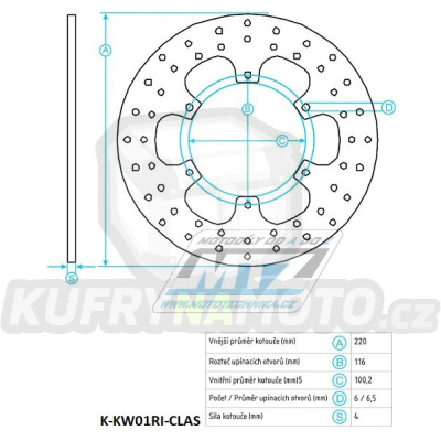 Kotouč brzdový (220/100/6D) - Kawasaki KX125 / 89-02+KX250 / 89-02+KX500 / 89-04 + KDX200 / 04-06+KDX220 / 03-05+KLX300R / 97-07+KLX650R / 93-03