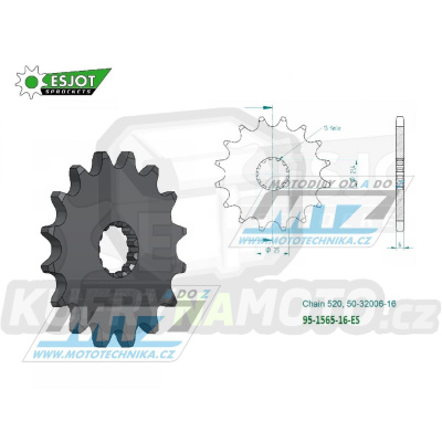 Kolečko řetězové (pastorek) 1565-16zubů ESJOT 50-32006-16 - Kawasaki KXF450+KX450 / 06-25 + KX450X + KLX450R